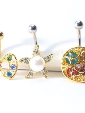 Set of Three Belly Piercings golden tone with cute gemstones